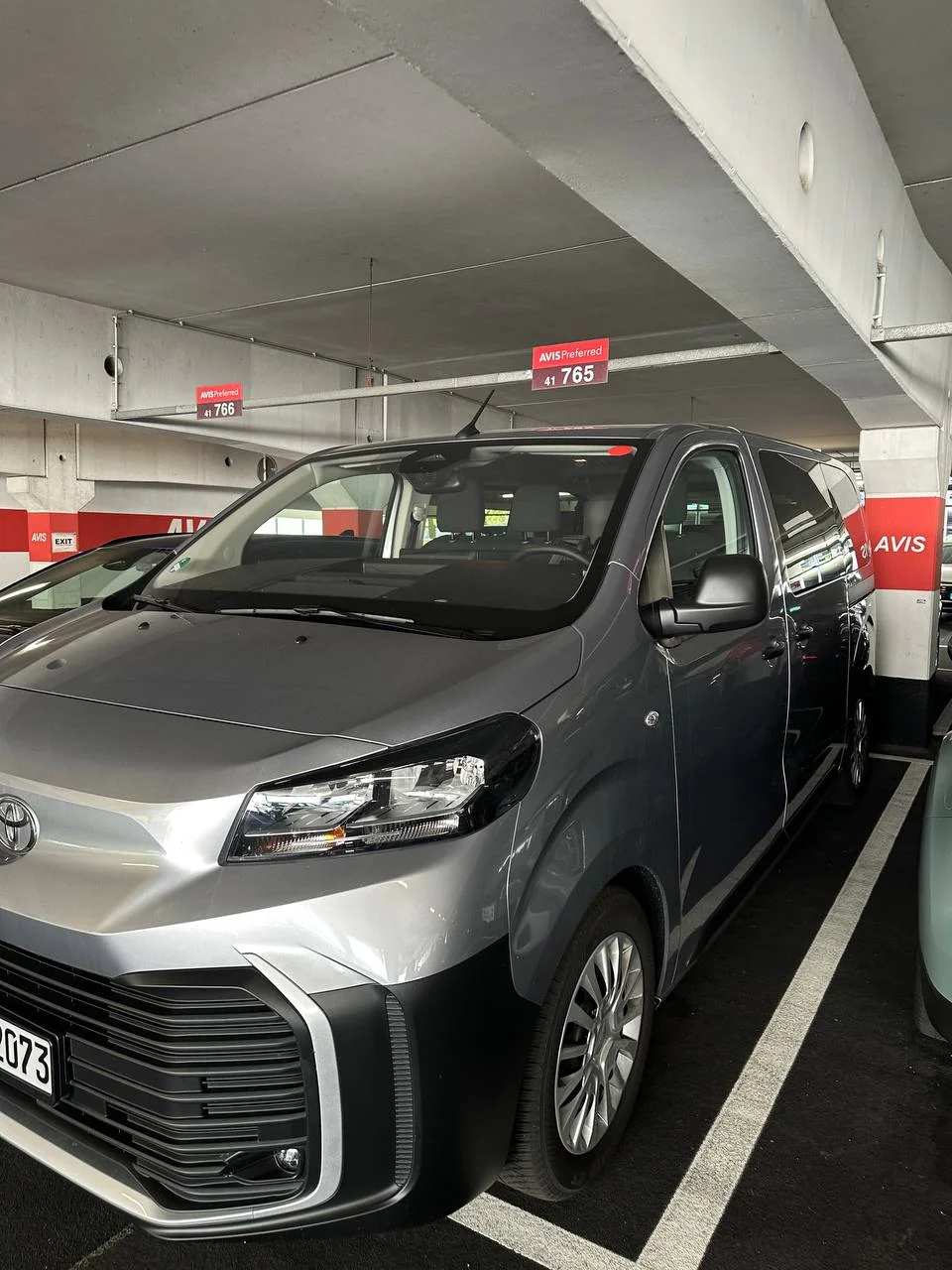 Front view of the gray Toyota prepared for the European road trip