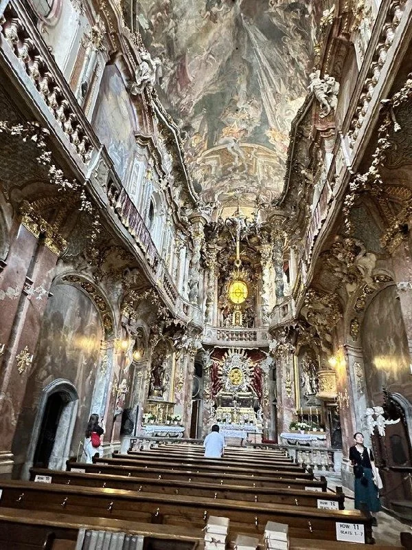 Highly decorated baroque church interior in central Munich
