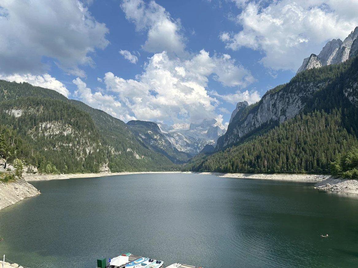 Wide panorama of Gosausee with the Dachstein mountains beyond the lake