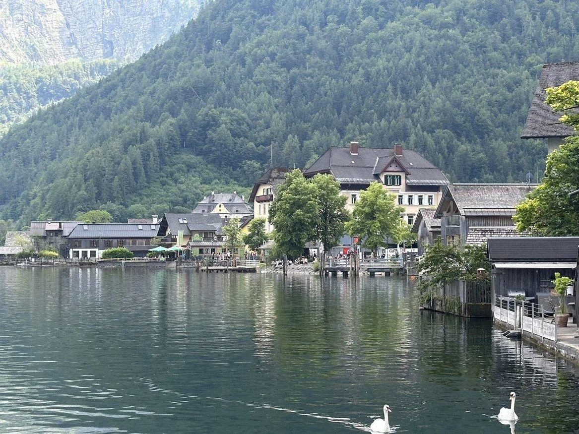Hallstatt village houses seen across the lake