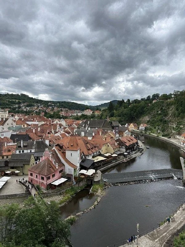 Vltava River curving around the rooftops of Český Krumlov