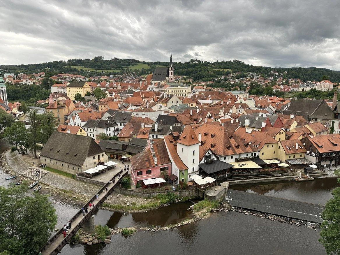 Panorama of Český Krumlov rooftops and castle tower
