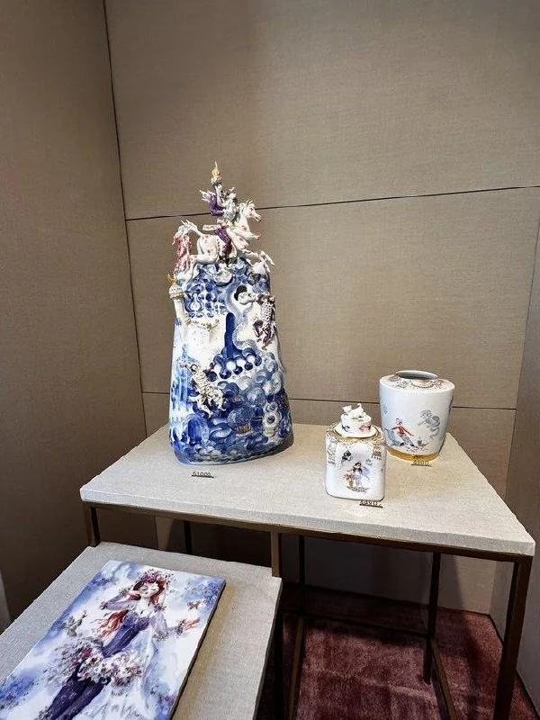 Detailed blue and white porcelain pieces displayed in Dresden