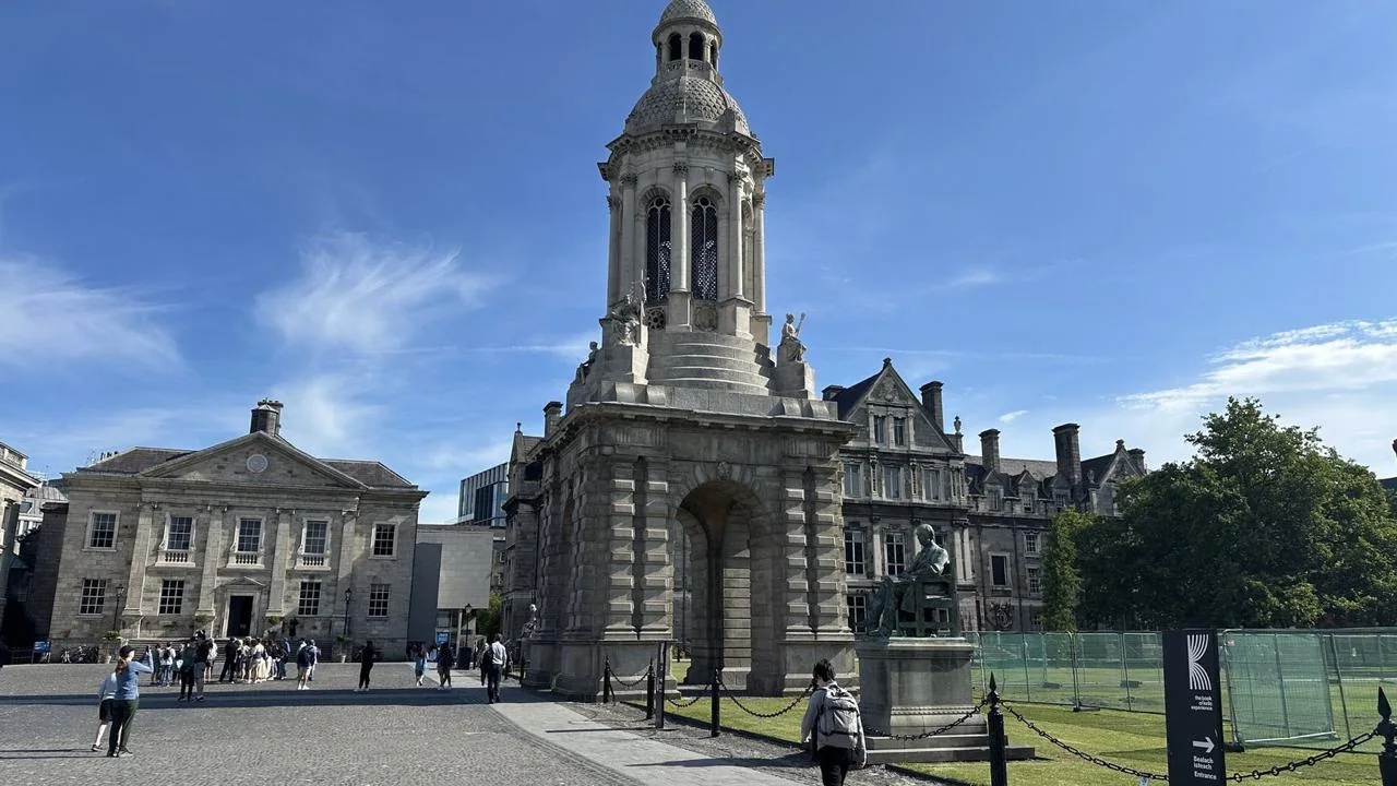 Historic stone buildings and tower in central Dublin