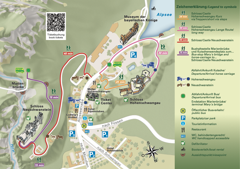 新天鹅堡与 Hohenschwangau 停车场、售票中心、巴士、马车和步行路线示意图